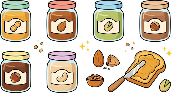 Nut Butter Jars Vector Icon Set with Peanut Almond Pistachio Hazelnut and Cashew Spread on Toast for Healthy Breakfast and Grocery Designs