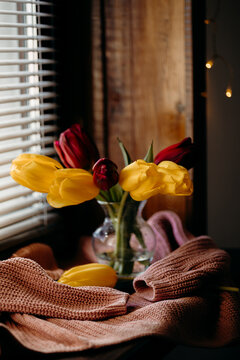 Yellow and red tulip bouquet beside window blinds
