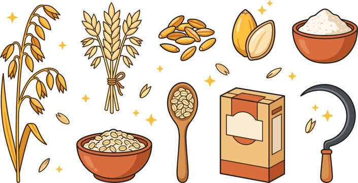 Oats and Cereal Grains Vector Icon Set with Wheat Ear Oatmeal Bowl Spoon Flakes Flour Box and Sickle Icons for Healthy Breakfast Agriculture Designs