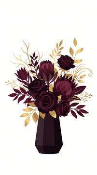 Elegant flat vector illustration of dark burgundy rose and protea floral bouquet centerpiece in black vase with luxury gold leaf accents, isolated on white background, vertical format