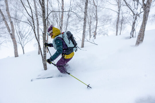 Backcountry skier descends through snowy forest in japan