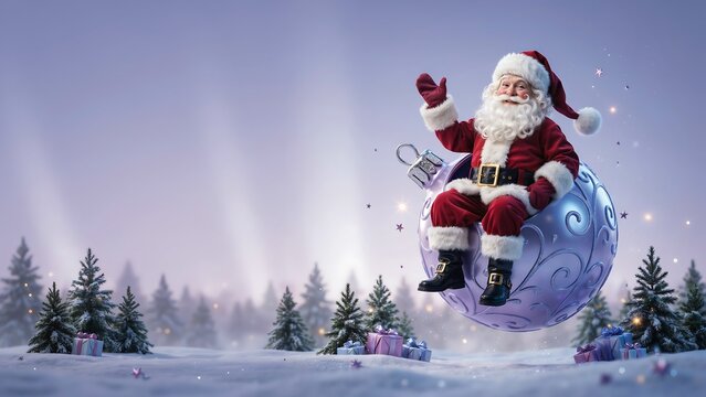Santa Claus sitting on a giant Christmas bauble floating over a snowy forest landscape. Joyful holiday character waving hand against winter sky. Festive seasonal illustration concept for cards.