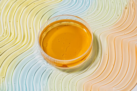 Orange cosmetic gel in Petri dish on pastel smear texture