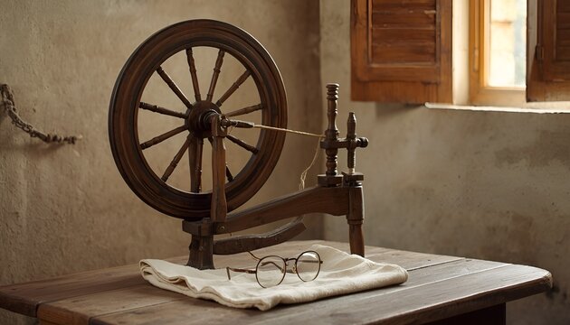 Traditional Wooden Spinning Wheel in a Rustic Workshop