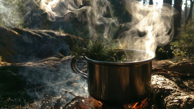 Making hot tea with pine needles in a billy can, survivalist cooking, smoke and steam
