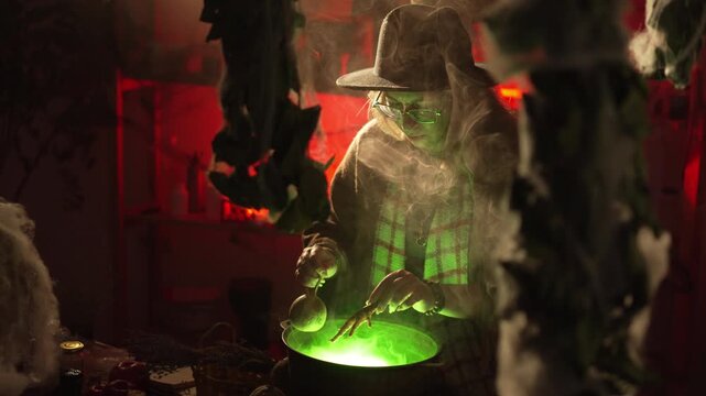 A realistic witch brewing a potion. She waves her hands over the cauldron, holding a pumpkin and a dried chicken foot, and chants a spell. Everyday life intertwined with traditional witchcraft.