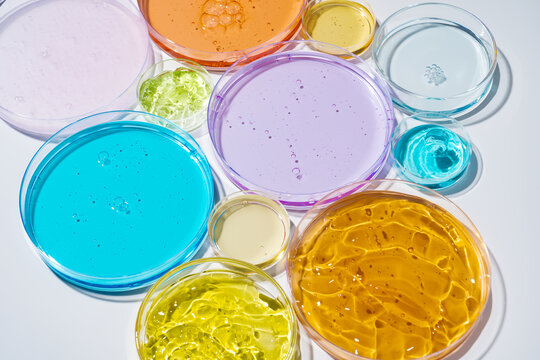 Colorful gel samples in Petri dishes for cosmetic research