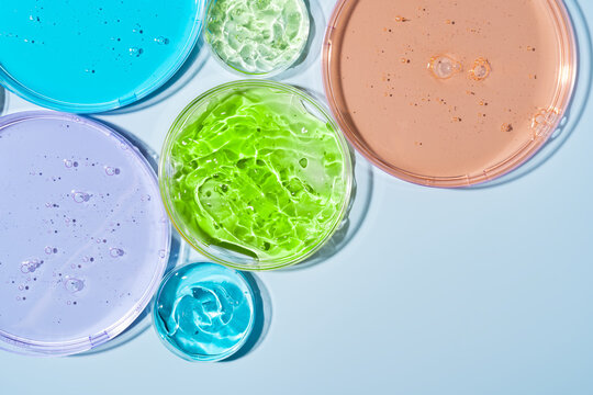 Colorful cosmetic gel samples in Petri dish laboratory study