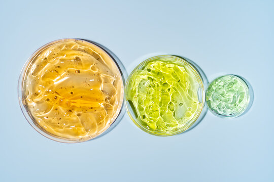 Colorful cosmetic gel samples in Petri dish laboratory