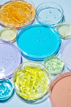 Colorful cosmetic gel samples in Petri dish laboratory