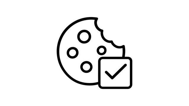 Black outline bitten cookie with check mark icon on transparent background.