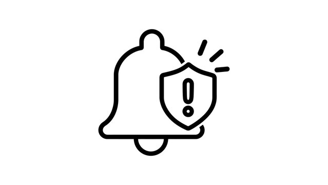 Black outline bell with shield and exclamation mark for security alerts.