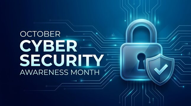 Cyber security awareness month illustration featuring a padlock and complex digital network 