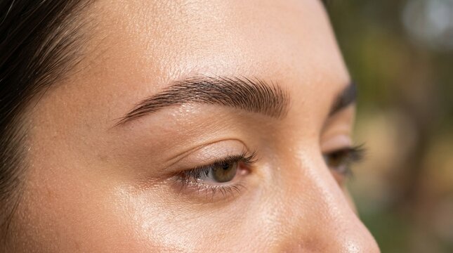 Close-up of a woman's perfectly shaped eyebrows and eyes, natural beauty
