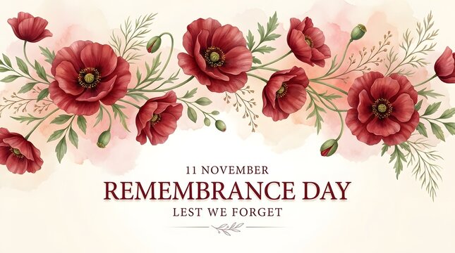 Beautiful watercolor poppies and green leaves create a delicate floral arrangement for remembrance day