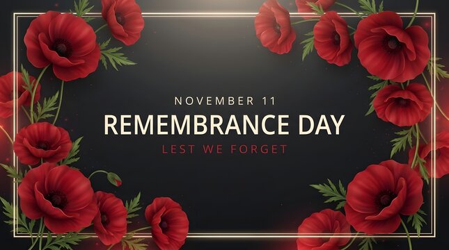 Remembrance day floral tribute with vibrant red poppies and a dark background