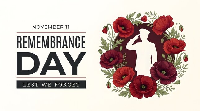 Beautiful remembrance day poppy wreath featuring a soldier silhouette and respectful text design illustration
