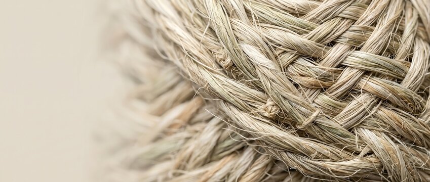 Macro close up of a textured natural jute rope ball with soft focus background and copy space
