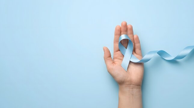 A human hand holding a small blue bird against a light blue background