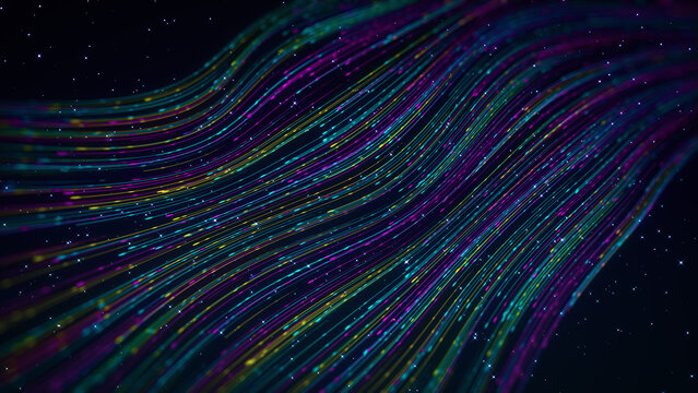 Futuristic 3D abstract background with glowing blue, purple, and yellow particle trails flowing in elegant waves through a star-filled deep space environment with cinematic depth.