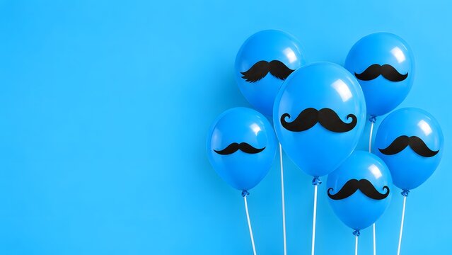 Bright blue balloons with stylish black mustaches are arranged on a vibrant blue backdrop