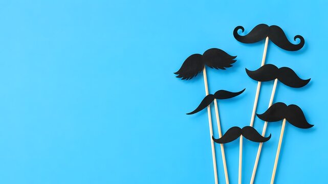 Collection of black paper mustaches on sticks against a bright blue background