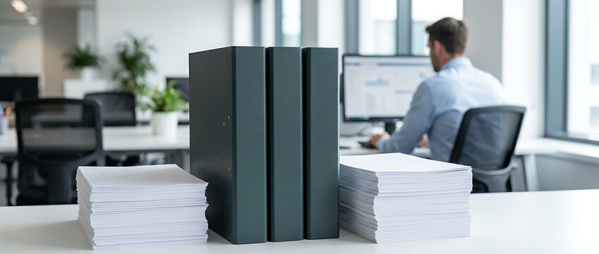 Business professional analyzing data on computer screen in office with stacks of paper and green binders for financial reporting and corporate strategy.