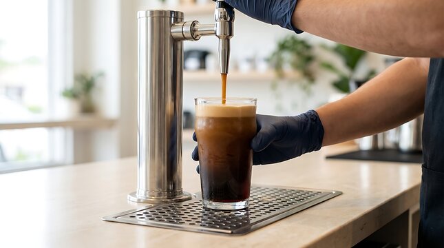 Barista wearing blue gloves pours cold brew coffee from nitro tap into glass with foam head at modern cafe counter for safe beverage preparation and service.