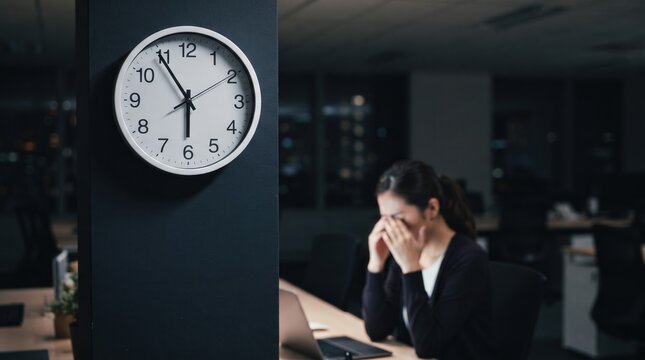 Stressed office worker rubbing eyes while working late at a laptop, featuring a wall clock in a dark corporate office. Burnout and exhaustion concept for mental health and human resources.