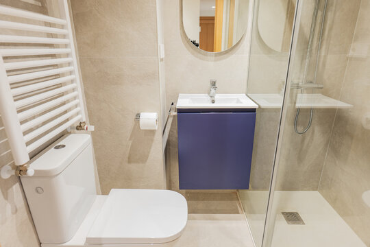 Modern apartment bathroom with oval mirror and glass shower