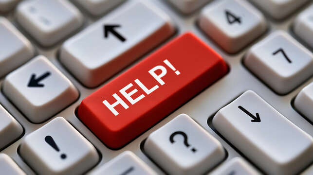 Conceptual technology photo of white computer keyboard and red button with HELP! text 