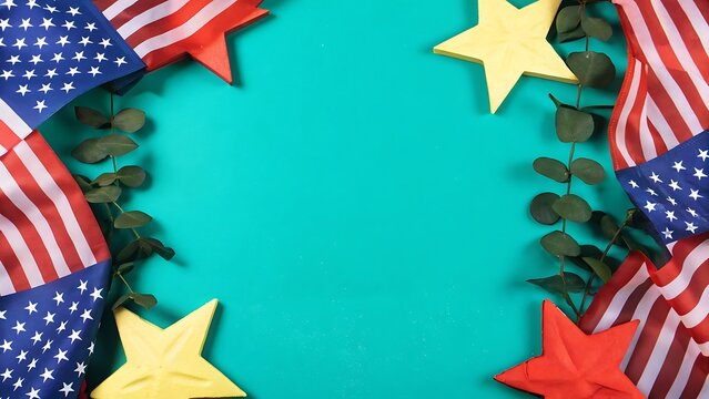 American flags and decorative stars with green leaves forming a festive border on a blue background