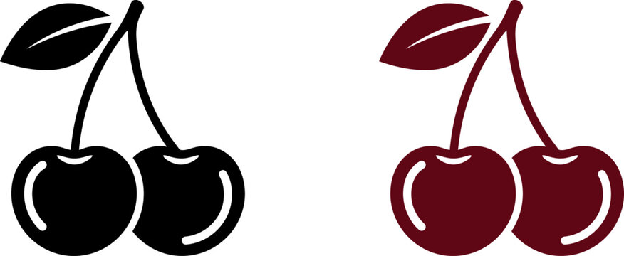 Set of two simple black and dark red cherry fruit icons on a white background with minimalist