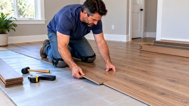 homeowner kneeling on residential floor clicking laminate flooring planks together, partially completed floor transitioning into exposed underlayment, realistic DIY flooring installation
