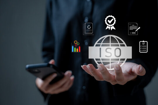 Certification and standardization process, iso certified business, conformity to international standards and quality assurance concept. Person touching certificate icon...