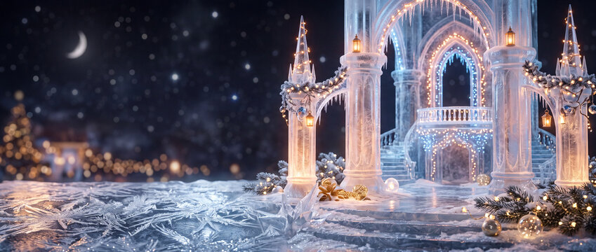 Magical nighttime winter scene featuring an illuminated ice castle adorned with Christmas lights, frosted ornaments, and snow-covered evergreens
