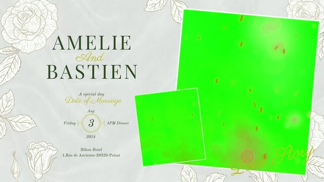 Wedding album layout mockup incorporates green screen placeholders for custom photo insertions surrounded by decorative floral borders and elegant typography on a soft background.