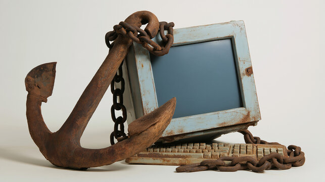 Conceptual photo of old technology computer and keyboard held down by rusty anchor and chain