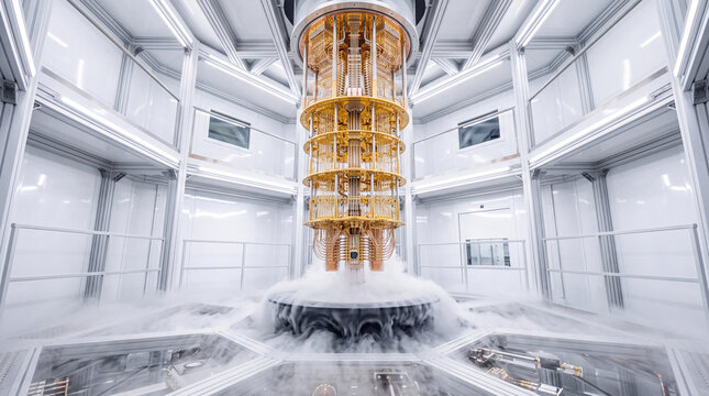 High-tech quantum computer cryostat with exposed golden qubit wiring inside a white sterile laboratory, showing cryogenic cooling vapor and advanced superconducting research hardware