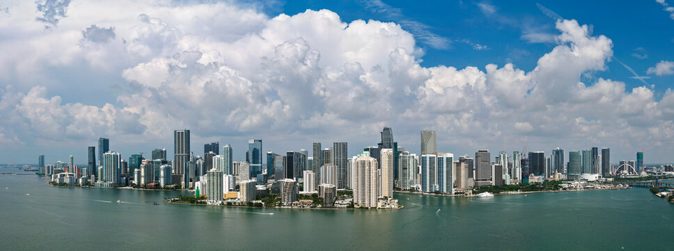 Skyscraper building architecture. Cityscape skyscraper. Panoramic skyline cityscape. City panorama. City downtown with skyscraper. Aerial Miami panorama. Panoramic Brickell Key aerial view