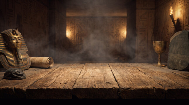 Halloween wooden table with golden pharaoh mask, papyrus scroll, scarab figurine, golden chalice and Rosetta Stone slab in a mysterious ancient Egyptian setting