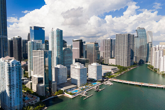 Miami Brickell skyline with skyscrapers and shoreline. Miami aerial cityscape with skyline. Miami coastal skyline with oceanfront. Miami downtown skyline with towers.