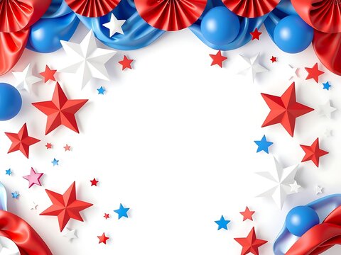 Red and blue festive stars and paper fan decorations frame for american patriotic holiday celebrations