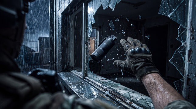 Tactical soldier throwing flashbang through broken window during rainy urban night breach operation