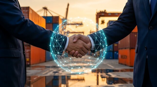 Two businessmen shaking hands in agreement over global logistics and shipping containers with digital earth network overlay, international trade deal.