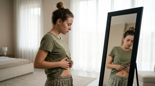 A woman standing near a mirror while touching her fat belly with a sad expression.
