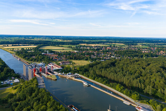 Waterway ship lift on canal. Transport infrastructure, engineering construction and industrial technology for vessel transit. Waterway engineering. Transit infrastructure