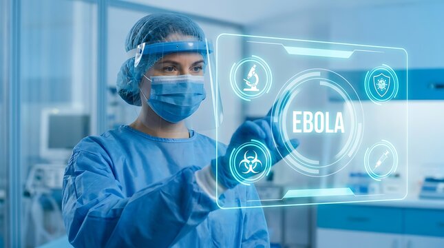 Female scientist in protective blue scrubs and face shield touching virtual holographic screen interface analyzing Ebola virus outbreak research data in lab.