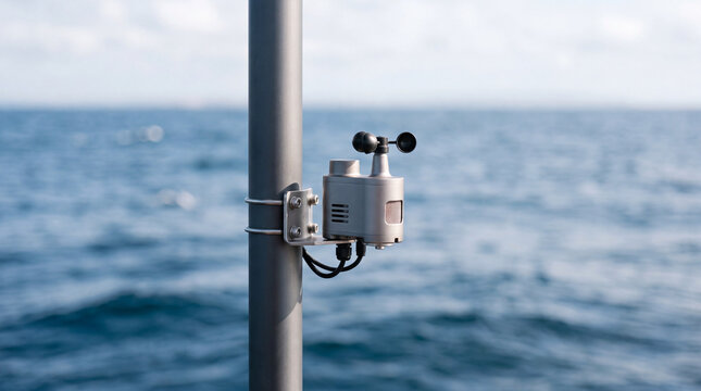 Anemometer wind sensor mounted on pole over open ocean for marine weather monitoring and data collection