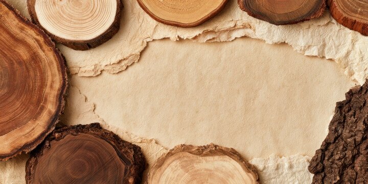 Wood slice and bark textures frame natural parchment paper background
